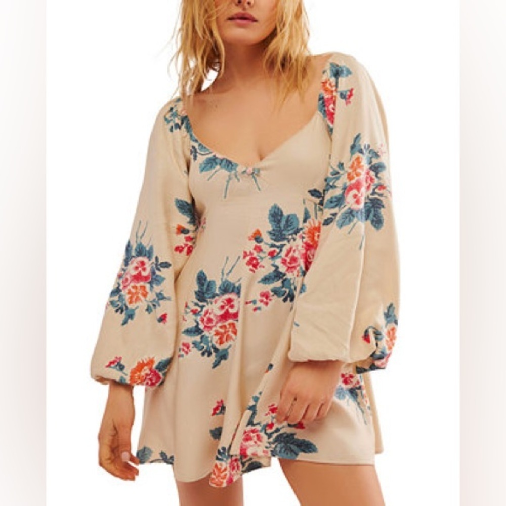 Free People Francesca Flowy Balloon Sleeve Mini Dress Warm Ivory Cream Floral, M